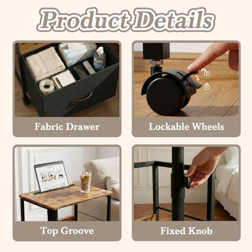 Faesun Swivel Lift Top Nightstand with Charging Station, Rolling Side Table for Recliner, Bedside Table with Wheels & a Fabric Drawer, for Small Spaces, for Bedroom, Living Room, Brown Black - color: Brown Black, size: 1 Drawer