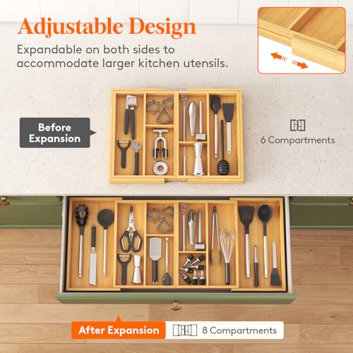 Lifewit Expandable Utensil Organizer for Kitchen Drawer, Adjustable Cooking Silverware Tray, Plastic Cutlery Flatware Holder, Spatula Tools Gadgets Storage Divider, 21- 36 x 16", Bamboo, Natural - color: Natural