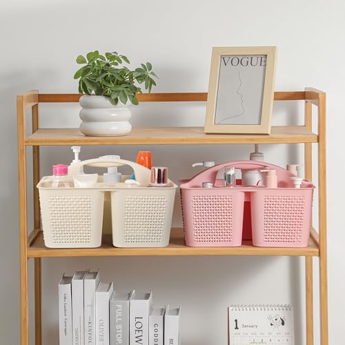 UUJOLY Plastic Portable Shower Caddy Basket Bucket, Cleaning Shower Basket with Handle Compartments Storage Basket Organizer for Bathroom Kitchen College Dorm Sink, Beige - color: Beige