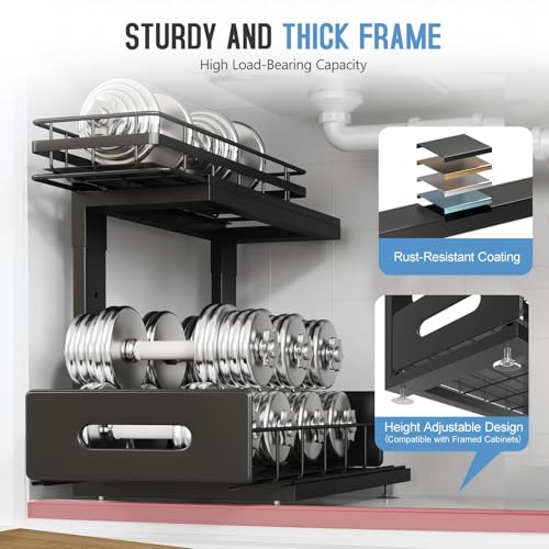 Under Sink Organizer Upgrade To Professional Rails,2-Tier Dual Pull Out Cabinet Storage,Height Adjustable Slide Out Drawers For Bathroom Kitchen,2 Pack-14.5"Dx12.8"-16.9"H,Black - color: Black, size: 2 Pack-14.5"Dx12.8"-16.9"H