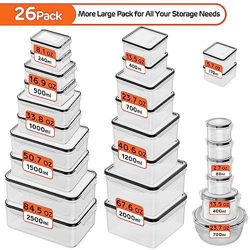 52 PCS Food Storage Container with Lid (26 Lids & 26 Containers) - Airtight Leakproof Plastic Kitchen Organization Set Reusable Microwave/Freezer/Dishwasher Safe Meal Prep Container with Label & Pen - color: 26 Pack（Large）