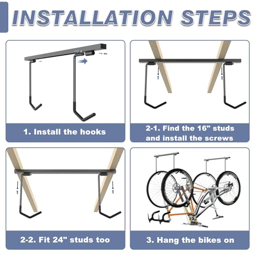 WALMANN Ceiling Mounted Bike Rack for Garage, Space-Saving Ceiling Bike Storage for 4 Bikes(Horizontally)/8 Bikes(Vertically), Adjustable Bike Hooks for Road Mountain Bikes - style: Ceiling rack for 4 bikes