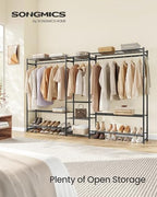 SONGMICS Portable Closet Wardrobe, Clothes Rack, Closet Organizers and Storage, Freestanding Clothing Rack with 10 Shelves, 3 Hanging Rods, Metal Frame Rack, for Bedroom, Entryway, Black ULGR011BZ03S - size: 81.3"L