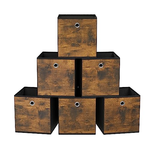 SONGMICS Storage Cubes, Set of 6 Storage Bins with Handles, Foldable Oxford Fabric and Non-Woven Fabric Storage Boxes, 13x13x13 Inches, Fit Cube Storage Unit, Rustic Brown URFB133B01 - color: Rustic Brown, size: 6 Pack (13"L x 13"W x 13"H)
