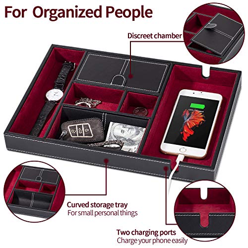 Valet Tray | 6 Compartments | Bedroom Organizer with Charging Station | Perfect for Men and Women | Black PU Leather | Decorative Gift Box | RED … - color: Red