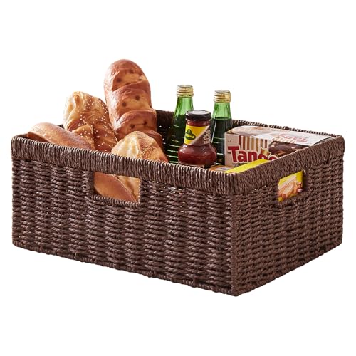 OIAHOMY Wicker Storage Basket, Rectangular Paper Rope Shelf Baskets with Built-in Handles, Woven Decorative Organizer for Pantry, Shelves, Living Room and Bathroom, 1-Pack Brown - color: Brown