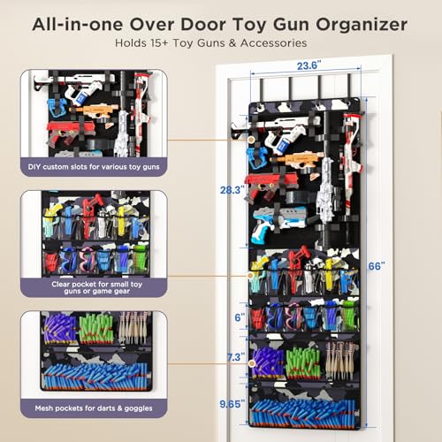 Over the Door Organizer for Toy Guns, Hanging Toy Guns Storage Organizer with Pockets and Slots for Kids Foam Blasters, Darts, Goggles, Toys Storage Door Hanger for Kids Rooms, Game Rooms, Camouflage - color: Multicolored