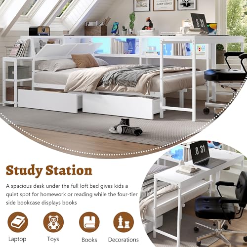 Corner Bed Frame Queen with Storage Bookshelf & Desk, U-Shaped Daybed Frame with 2 Drawers, Metal Corner Beds with Charging Station & LED Lights for Bedroom, Flip Left or Right (White, Queen) - color: White, size: Queen