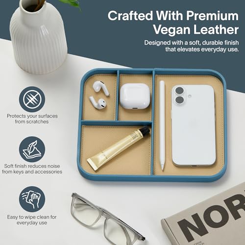 Nordik Leather Valet Tray - Nordik Blue - 9.5 x 7.9 Inch Medium Vegan Leather Tray - Stylish Nightstand Organizer for Men - Modern Bedside Caddy - EDC Catchall for Key Watch Wallet Jewellery - color: Nordik Blue, size: 9.5in x 7.9in