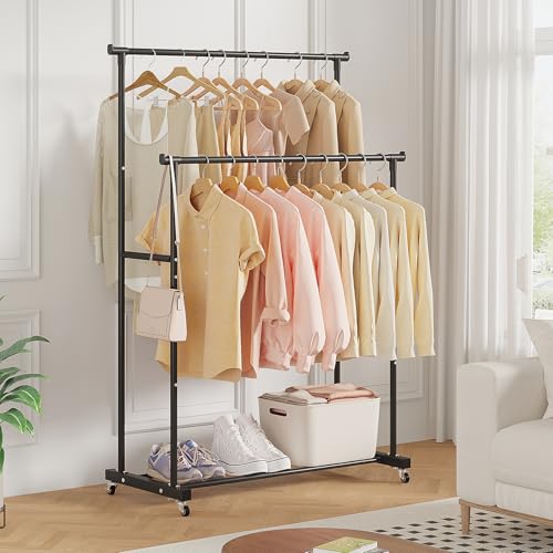 Calmootey Double Rods Clothes Garment Rack, Rolling Clothing Rack for Hanging Clothes, Coat Storage, Organizer for Bedroom, Livingroom, Apartments, Black