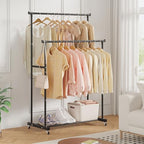 Calmootey Double Rods Clothes Garment Rack, Rolling Clothing Rack for Hanging Clothes, Coat Storage, Organizer for Bedroom, Livingroom, Apartments, Black