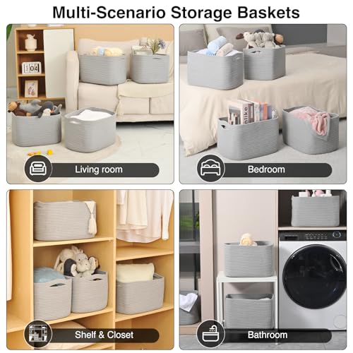 ICERZCZ Storage Baskets for Organizing & Shelves, Woven Cotton Rope Organization Bins for Dog Toys, Clothes, Books, Nursery Organizer, 15" Lx11 Wx9.5 H, (4 Packs) Grey - color: Grey, size: 15"(L)×11"(W)×9.5"(H)