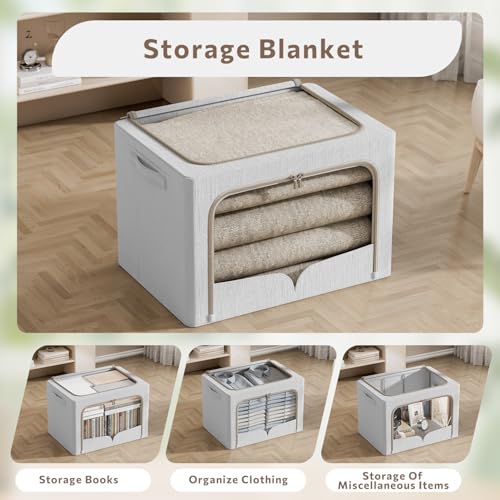FHSQX 3 Pack Clothes Storage Bins - Foldable Metal Frame Storage Box - Stackable Linen Fabric Container Organizer Set with Carrying Handles and Clear Window (Light Gray, 19.7x15.7x13inch(66L)) - color: Light Gray, size: 19.7x15.7x13inch(66L)