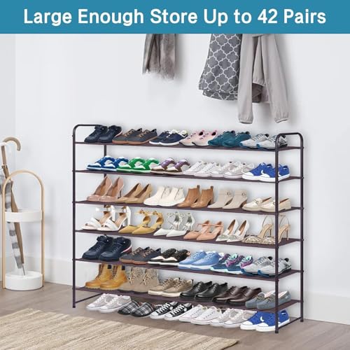 KIMBORA 6 Tier Long Shoe Rack for Closet, Wide Closet Shoe Organizer Storage Sturdy Sneaker Shelf for Floor, Bedroom 42 Pairs (Bronze) - color: Bronze, size: 11.4 x 43 x 37.8