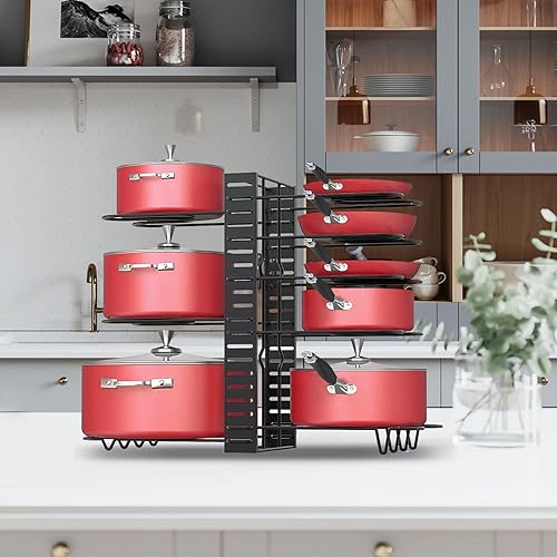 Podxco Pot and Pan Organizer for Under Cabinet, 8 Tiers Adjustable Pan Organizers Inside Cabinet with 3 DIY Methods, Upgrade of Pan Organizer Balance Ability, Kitchen Pan Rack Organizer for Cabinet