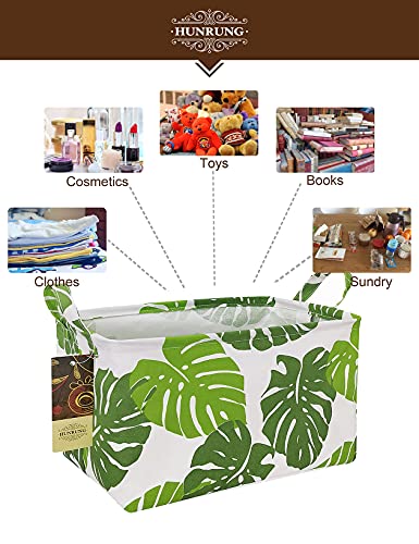 HUNRUNG Rectangle Canvas Storage Basket Foldable Waterproof Toy Organizer Bin with Handles Fabric Collapsible Storage Bins for Shelves Kids Room Playroom Nursery Clothes and Pet Supplies(Leaf) - color: Leaf