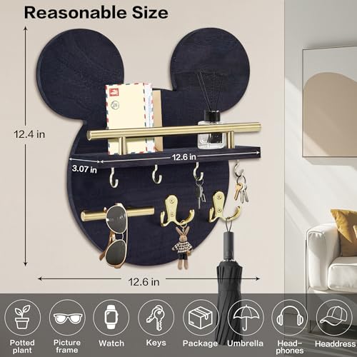 AIRPOP Key Holder for Wall–Mouse Wooden Mail Organizer Wall Mount with Shelf and 6 Hooks, Easy Installation Key Rack Hanger for Entryway Living Room Home Decor (Black) - color: Black