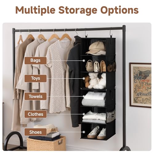 StorageWorks Hanging Closet Organizer 6-Shelf, Separable Two 3 Shelf Closet Storage Organizer with Side Pockets, Portable Hanging Shelves for Clothes, Sweater, Towels, 12" D x 12" W x 48¼"H, Black - color: Black, size: 12" D x 12" W x 48 ¼"H