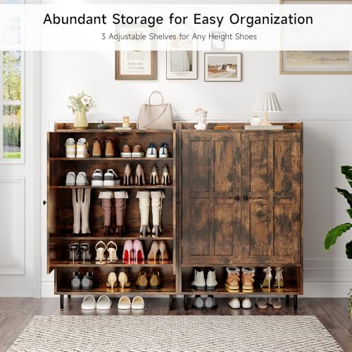 ONBRILL Shoe Storage Cabinet with Cross Molding Doors, 6-Tier Shoe Cabinet with 3 Adjustable Shelves and Metal Legs, 45 Inch Tall Shoes Rack Organizer for Entryway, Front Door, Rustic Brown - color: Rustic Brwon
