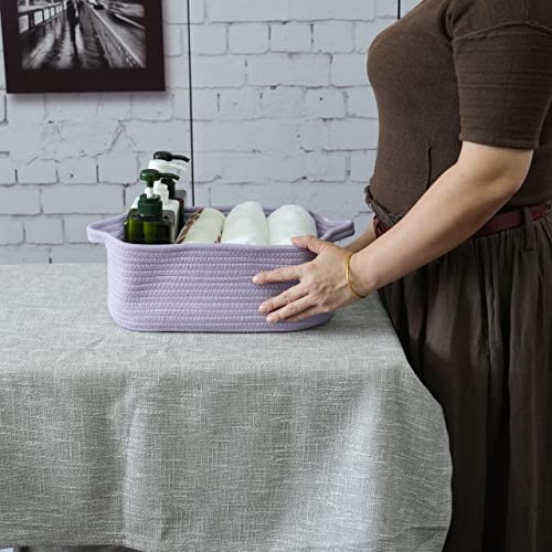 XUANGUO Woven Cotton Rope Storage Basket with Handles for Organizing Shelves Closet Small Cat Dog Pet Toy Baskets Box Bin Decorative Rectangle Baby Nursery basket Gift basket Empty(light purple) - color: light purple