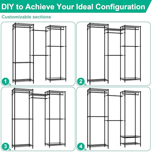 Folews Freestanding Closet System, Large Free Standing Closet Rack Organizer for Hanging Clothes Adjustable Metal Wire Clothing Rack with 5 Shelves & 5 Rods, Black - size: 15.3"D x 69.3"W x 70.8"H