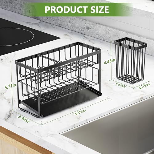 Cisily 2-Tier Kitchen Sink Caddy Organzier Rack with Flexible Dish Brush Holder, Sponge Holder for Kitchen Sink Countertop Organization Storage,Home Decor Accessories Essentials Stainless Steel - color: Black
