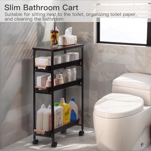 5 Tier Slim Rolling Storage Cart with Wood Top, Narrow Laundry Room Organizer for Tight Gaps, Metal Bathroom Gap Filler, Kitchen Pantry Trolley, Small Spaces (Black) - color: Black