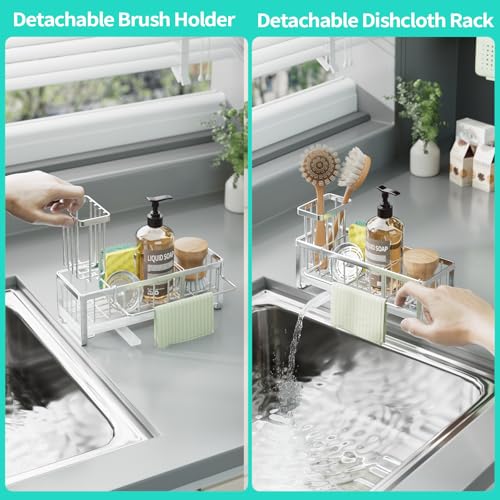 HapiRm Sponge Holder for Kitchen Sink - Self-draining Sink Caddy with Brush Holder and Dishcloth Holder, Stainless Steel Kitchen Organizer - Silver - color: Silver, size: with Dishcloth Holder