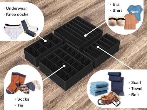 Simple Houseware 4-Pack Drawer Organizer Set - Closet Dividers for Underwear, Socks, Bras, Scarves, Ties - Foldable Non-Woven Storage Boxes, Black - color: Black, size: 4 Pack