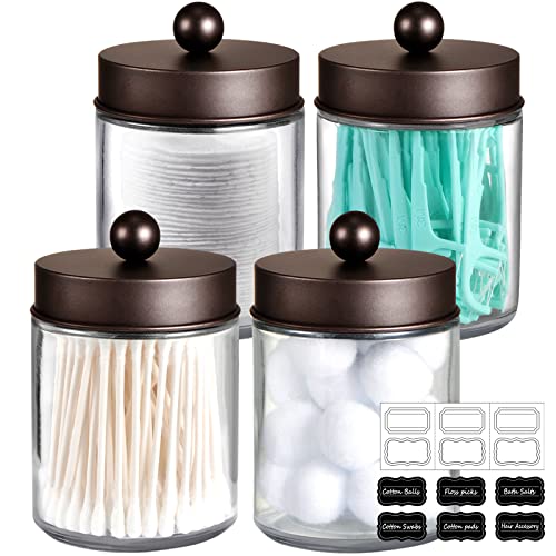 Amolliar 4Pc Apothecary Jars Bathroom Vanity Storage Organizer Set -Countertop Canister with Stainless Steel Lids &Cute Stickers - Qtip Dispenser Holder for Qtips,Cotton Swabs,Makeup Sponges (Bronze) - color: Bronze