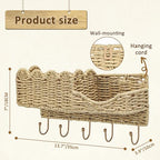 Hook Woven Rattan Key Holder & Mail Organizer, Scalloped Wave Design Decorative Wall Mount for Entryway, Living Room & Hallway, Natural Paper Rattan