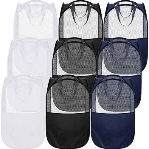 9Pcs Mesh Hamper Pop up Hampers for Laundry Foldable Laundry Basket with Sturdy Handles (Black/White/Blue) Dirty Clothes Baskets for Bedroom College Dorm Travel Storage - color: Black-9PCS