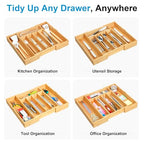 Bamboo Expandable Silverware Organizer - Adjustable Cutlery Tray with 3 Removable Dividers & 5 Tracks, Drawer Organizer for Utensils, Stationery, Tools (12.6" to 20.5")
