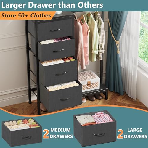 HIGDBFE Dresser with Hanging Rack, 4 Drawers Small Closet for Bedroom, Reversible Fabric Kids Chest of Drawers with Clothes Rack, Tall Storage Tower, Sturdy Frame, Grey, 44''H - color: Grey