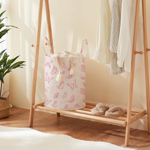 TECHMILLY Large Storage Basket for Girls and Boys, Collapsible Laundry Hamper with Long Handles, Toy Bins for Nursery, Kids Room Décor (Pink Butterfly) - color: Pink Butterfly, size: 1 Pack