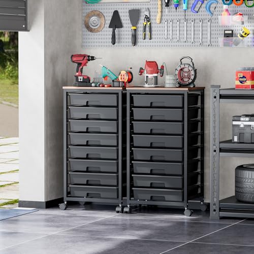 SYKIARIOL Rolling Storage Cart with Drawers,Utility Cart With 8 Drawers and Wooden Tabletop,Rolling Drawer Cart,Storage Drawer Cart for Living Room,Classroom,Bedroom,Bathroom,Dorm,Office, Black - color: Black