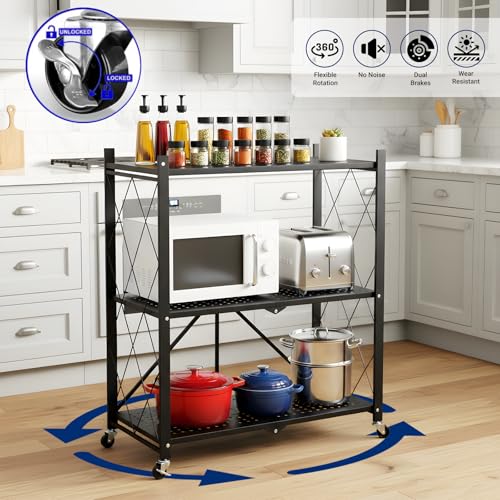 3 Tier Foldable Storage Shelves with Wheels, Metal Collapsible Organization Storage Rack, No Assembly Folding Bookshelf, Rolling Storage Rack for Kitchen, Bedroom, Pantry, Garage, Display, Black - size: 3-Tier