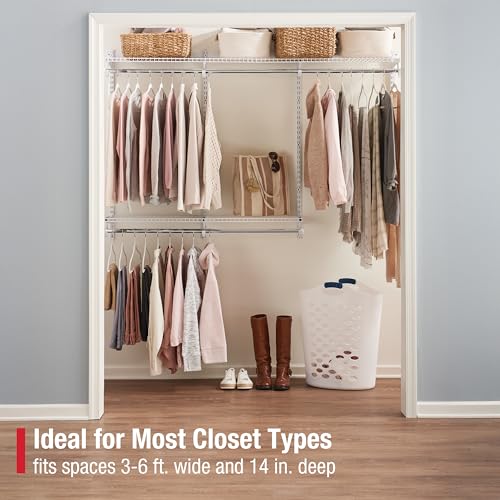 Rubbermaid Configurations Custom Closet Kit 3-6 Ft. Adjustable Metal Wire Shelving White Finish Expandable Organization System Hardware Included for Home Closet/Pantry/Laundry/Mudroom - color: White, size: 3-6 Feet