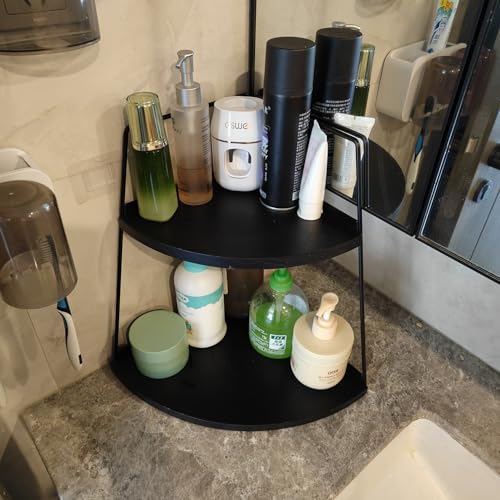 2 Tier Bathroom Counter Organizer,Standing Rack Cosmetic Holder,Wood Bathroom Organizer,Vanity Organizer Bathroom Counter Tray,for Bathroom,Bedroom (Black) - color: Black