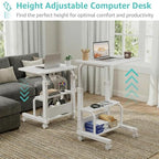 WINAZ Small Bedroom Laptop Rolling Desk - 24" White Mobile Kids Desk with Wheels for Small Spaces, Height Adjustable C Shaped Side Table with 2-Tier Storage Shelves - color: White