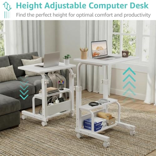 WINAZ Small Bedroom Laptop Rolling Desk - 24" White Mobile Kids Desk with Wheels for Small Spaces, Height Adjustable C Shaped Side Table with 2-Tier Storage Shelves - color: White
