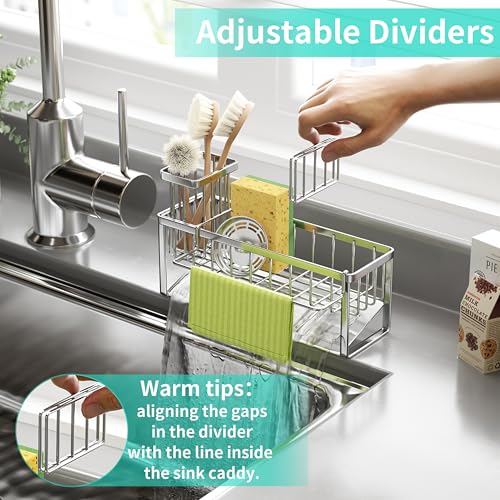 HapiRm Sponge Holder for Kitchen Sink - Self-draining Sink Caddy with Brush and Dishcloth Holders with Sloping Drainage - Silver - color: Silver-sloping, size: with Dishcloth Holder