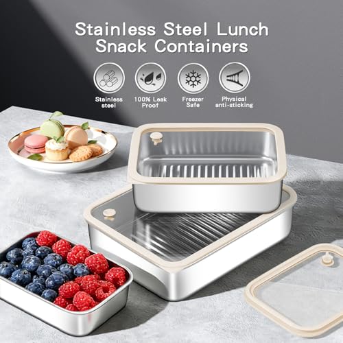 GIUOIDUO 3-Piece Extra Thick 304 Stainless Steel Food Storage Containers with Non-Stick Bottom, Airtight Glass Lids & Silicone Seal, Stackable Kitchen Organization Boxes for Food Preservation - color: 3-piece set (glass see through sealing cover)
