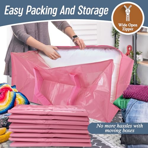 12 Pack Extra Heavy Duty Large Moving Bags with Strong Zipper & Comfortable Handles, Sturdy & Durable Clothes Storage Bags Totes Bins, Packing Moving Boxes for College Supplies, Pink - color: Pink, size: 12 Pack