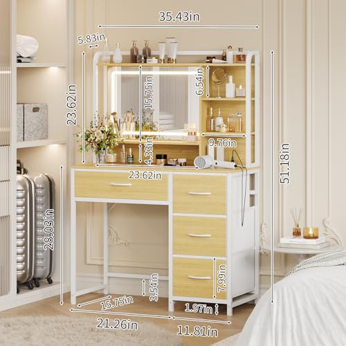 Garvee Vanity Desk with Square Mirror, 35.4” Makeup Vanity Table with Shelves, 4 Fabric Drawers Storage, Modern Dressing Table for Bedroom, Gift for Girls