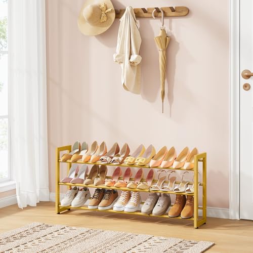 FAVOOSTY 3-Tier Expandable Shoe Rack, Adjustable Shoe Shelf Storage Organizer Space Saving Metal Free Standing Shoe Rack for Entryway Closet Doorway, Gold - color: Gold, size: 3 Tier