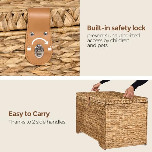 Handwoven Storage Basket with Lid, 165L Wicker Storage Bin, Natural Water Hyacinth, Leather Buckle & Metal Frame, Metal Ring Handles for Easy Transport, Storage Chest & Trunk for Bedroom, Living Room - color: Natural Water Hyacinth, size: 165L-Flat Lid