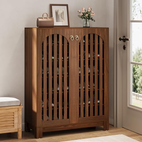 Tribesigns Shoe Storage Cabinet with Louvered Doors, 6-Tier Shoe Storage with Adjustable Shelves, Wood Shoe Rack Organizer for Entryway, Living Room, Walnut - color: Walnut