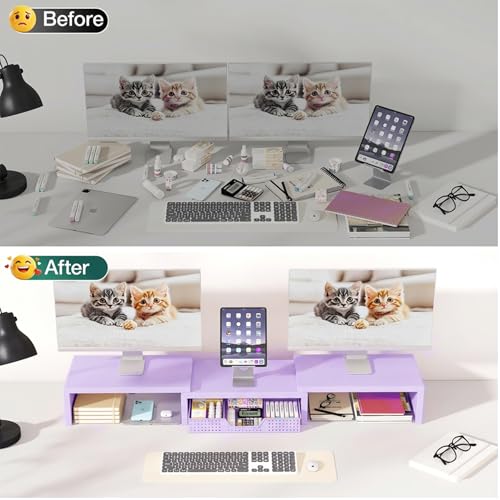 OPNICE Dual Computer Monitor Stand Riser with Drawer, Workspace Desk Organizer, Office Supplies Desk Accessories for Women, Purple - color: Purple