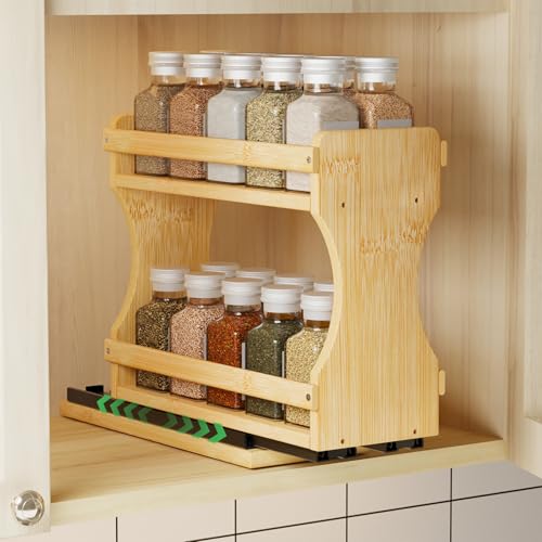 BAMEOS Pull Out Spice Rack Organizer for Cabinet, Bamboo Wide 4.2" Slide Out Seasoning Organizer for Kitchen, No Drill Anti-Tip Ball Bearing Silent Glides, Pantry Cabinet Organizer,Natural - size: 4.2" Wide, 1 Drawers